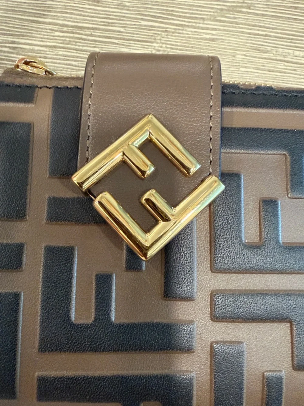 Fendi Brown and Black FF Logo Leather Zip Wallet with Gold Hardware - Picture 5 of 5